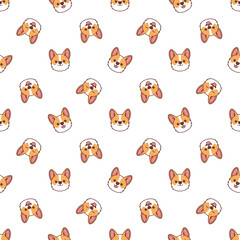 Cute corgi dog face cartoon seamless pattern, vector illustration