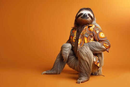 A photo of a sloth in a classic 70s outfit, including bell-bottom pants and a patterned shirt, posing with a laid-back expression, isolated on a solid burnt orange background.