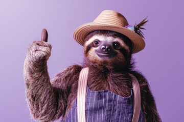 A cool sloth donning vintage attire, such as a fedora and suspenders, giving a thumbs-up gesture, isolated on a solid lavender background.
