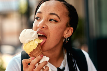 Summer, city and woman eating ice cream with thinking, urban walking and travel holiday. Relax,...