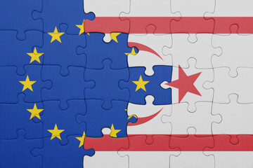 puzzle with the colourful national flag of northern cyprus and flag of european union.