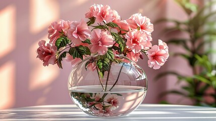   A vase of pink flowers sits on a table near a vase of green foliage and water