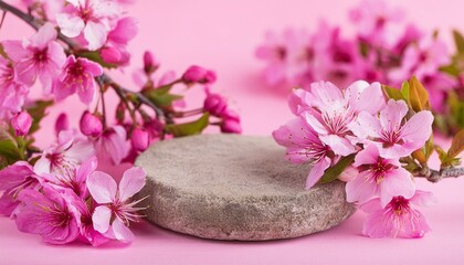 Spring Blossom Podium: Stone Pedestal Mockup on Pink Background
