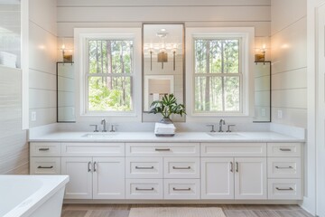 Fototapeta premium Bathroom Home Design. Master Bathroom Interior with White Sink and Mirror