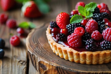 Fruit Pastry. Close-up of Delicious Homemade Fruit Tart with Berries Jam and Mint on Wooden Background