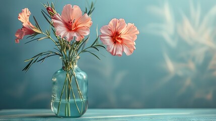  A vase brimming with pink blossoms perched atop a blue tabletop, alongside a verdant vase containing the same