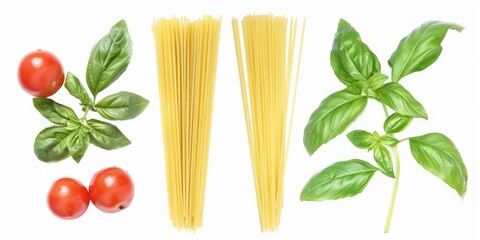Italian Ingredients. Healthy Food Ingredients with Italian Pasta, Spaghetti, and Fresh Basil