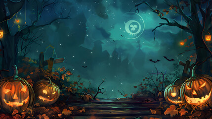 spooky halloween illustration for kids carwed pumpkins and copy space in the middle. 