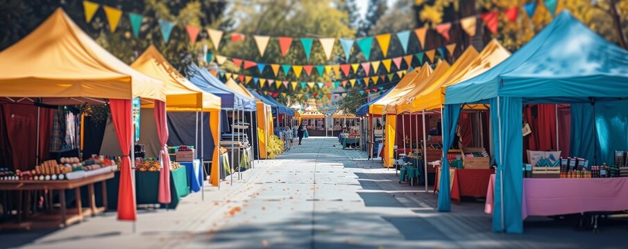 AAPI Heritage Month craft fair featuring Asian American artisans selling traditional crafts, set in a local market with copy space available on market tents