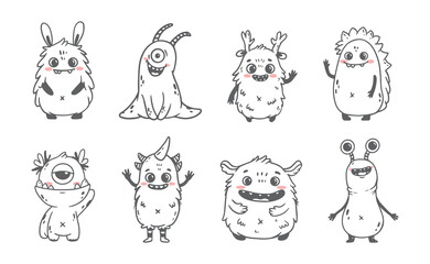 Fototapeta premium set of cartoon monsters. Cute monsters in doodle style. Kids funny character design for posters, cards, magazins. Line. Vector illustration