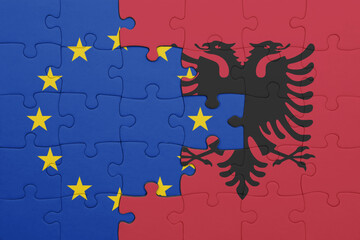 puzzle with the colourful national flag of albania and flag of european union.
