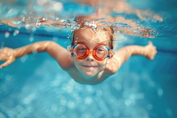 Fototapeta premium Kids With Water. Fun Family Swimming Lesson - Child Diving, Swimming and Splashing in Blue Pool