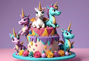 Fototapeta premium Happy birthday cake magical cute mini chracter playful background