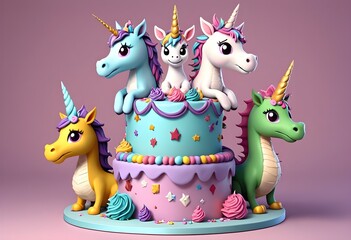 Fototapeta premium Happy birthday cake magical cute mini chracter playful background