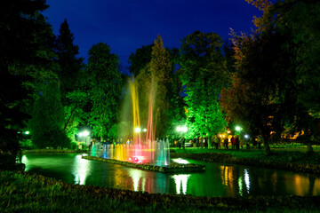 Beutiful colourful waterworks during night in Polanica-Zdrój in Poland