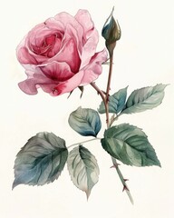 Vintage Rose Illustration. Watercolor Art of Beautiful Botanical Flower