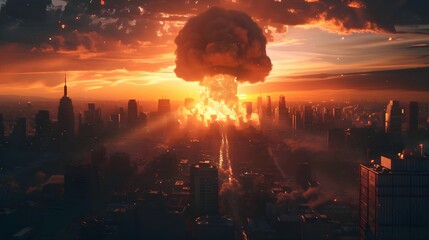 Nuclear explosion with mushroom cloud over urban landscape. Atomic bomb apocalyptic scenario.