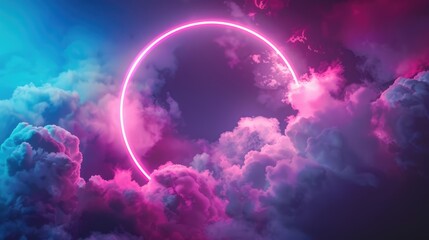 Neon Pink Circle in Cloudy Sky: Abstract Art with Blue Clouds and Neon Lights