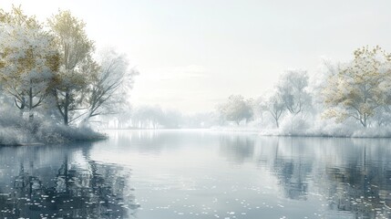 Tranquil Lakeside Reflections A serene D rendering of a peaceful lake at dawn