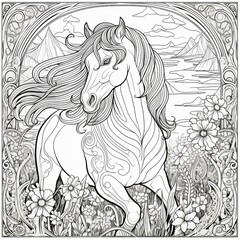 Art Nouveau Horse Coloring Page: Intricate Equine Design for Relaxation