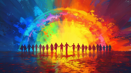 A striking banner background featuring silhouettes of diverse individuals holding hands beneath a rainbow arch. Against a backdrop of bold, saturated colors, this illustration represents unity,