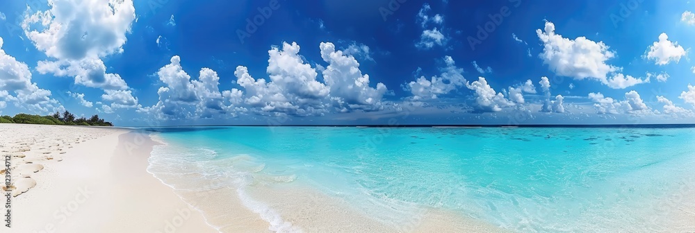 Wall mural beach scene. tropical island paradise with white sandy beach and turquoise ocean under blue skies - Wall murals