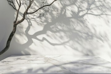 Mockup Table. White Background with Tree Shadow on Marble Table for Product Display