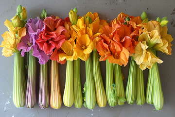 bouquet of colorful tulips,
Zucchini Flowers in Varying Degrees of Disclo

