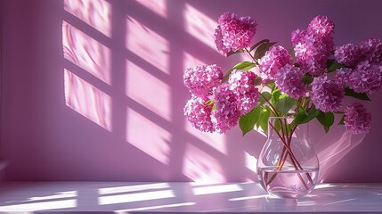   A vase brimming pink blossoms sits atop a white slab beside a rose-colored window, framed by a pink backdrop