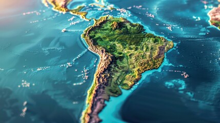 South America view from the space with mountains reliefs and blue oceans