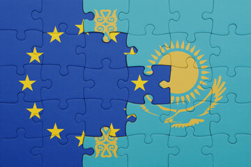 puzzle with the colourful national flag of kazakhstan and flag of european union.