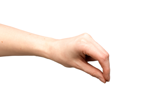 Pinch hand, finger isolated thumb. Pick hold female woman, white gesture sign. Card small something, forefinger little skin arm holding. Salt grip business tip thin blank tiny closeup empty tactile