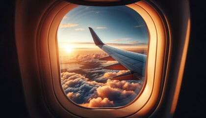 Fototapeta premium Spectacular Sunset View Of Wing Over Clouds From Airplane Window During Flight