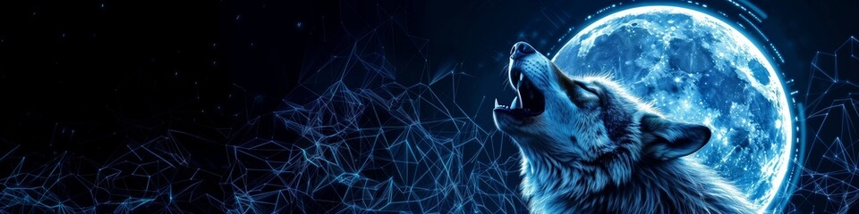Futuristic Wolf Howling on Dark Aluminate Background with Digital Moonlight