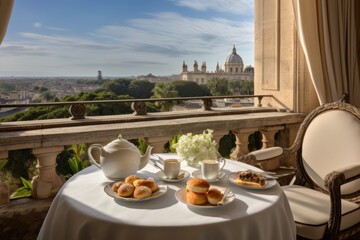 Fototapeta premium Cozy tea party on terrace with coffee, fresh pastries, decorated with floral and fruity accents