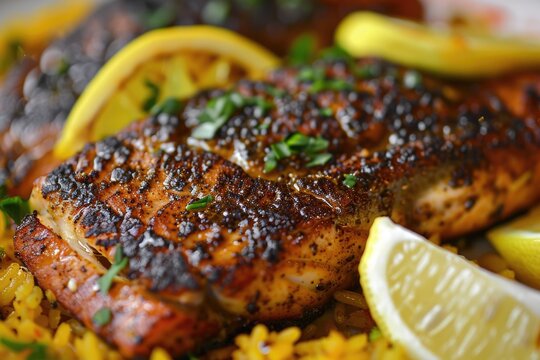 Blackened Fish - Cajun-style Red Snapper on Dirty Rice with Citrus Lemon Garnish