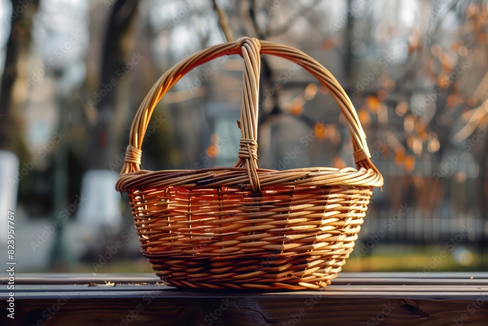 Wall mural empty basket for bred on the bench, brown colors