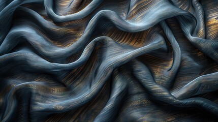   Blue and gold fabric with wavy lines on a black background