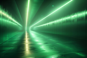 Green neon lines futuristic aesthetics Glowing,
Empty geometrical Room in Dark Green Colors with beautiful Lighting Futuristic Background
