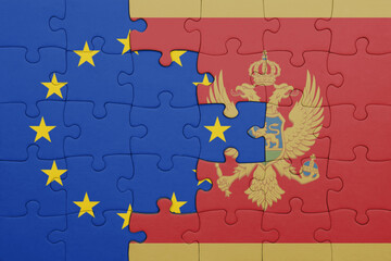 puzzle with the colourful national flag of montenegro and flag of european union.