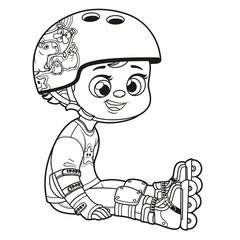 Cute cartoon boy in a helmet and wearing protective gear on roller sit on floor outlined for coloring page on white background