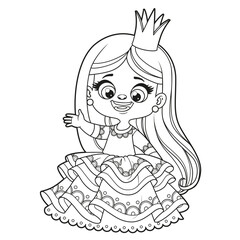 Cute cartoon longhaired coquettish princess girl outlined for coloring page on white background