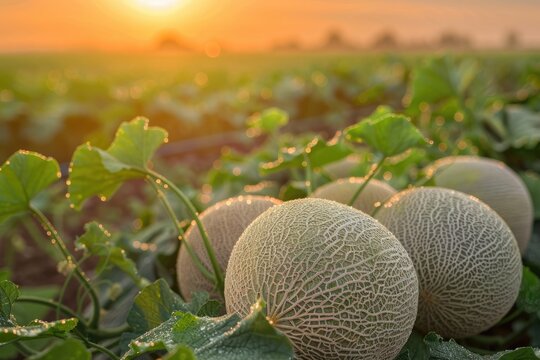 Cantaloupe field after the rain at golden hour sunset. Organic melons at fruit and berry farm