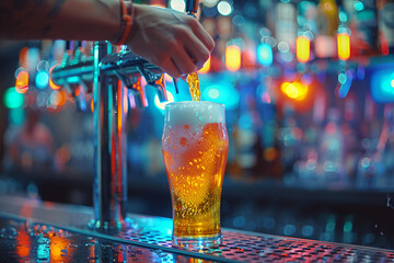 Hand of bartender pouring a large lager beer,
Brewery crane fills a glass with refreshing beer in a busy pub Concept Craft Beer Brewery Crane Bar Scene Beer Pouring Pub Environment
