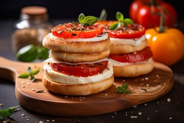 Mini pizza with tomatoes, basil, mozzarella on light background on the wood