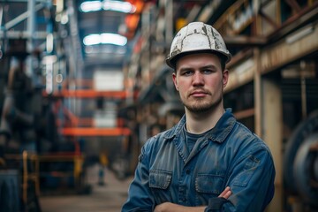 confident male factory worker standing proudly in industrial setting strong portrait photograph