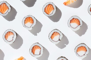 Top view of maki sushi pieces. White background