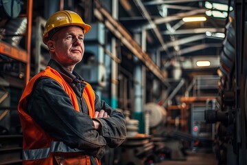 confident male factory worker standing proudly in industrial setting strong portrait photograph