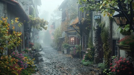 Misty Morning Harmony A D Rendered Quaint Village with Cobblestone Streets