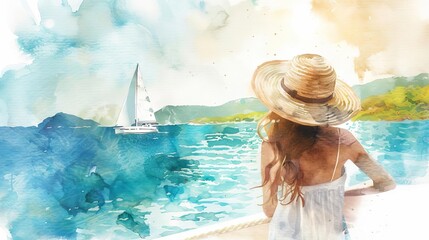adventurous woman in sunhat gazing at distant islands from sailboat embracing freedom and wanderlust watercolor illustration